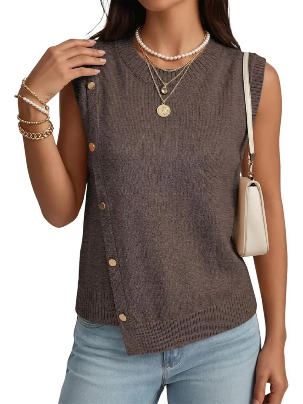 Women's Coffee Sleeveless Round Neck Casual Button Decoration Sweater Vest